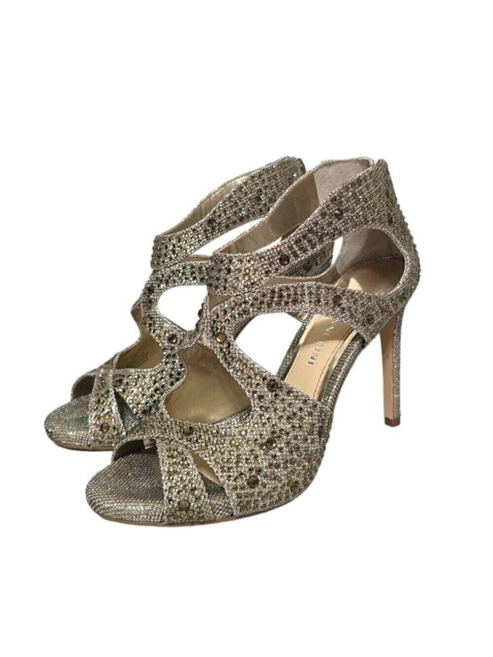 Gianni Bini Gold Flame042 Rhinestone Open Toe Stiletto Heels Sz 8